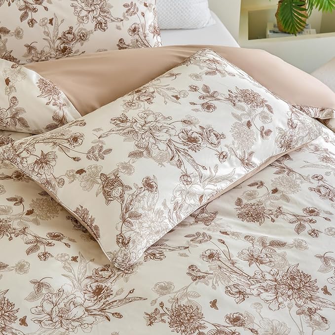 Brown Floral Duvet Cover Set 100% Percale Cotton Queen Size Shabby Vintage Toile Flower Printed Comforter Covers with Zipper, Soft & Breathable French Country Bedding 3Pcs-Not Comforter