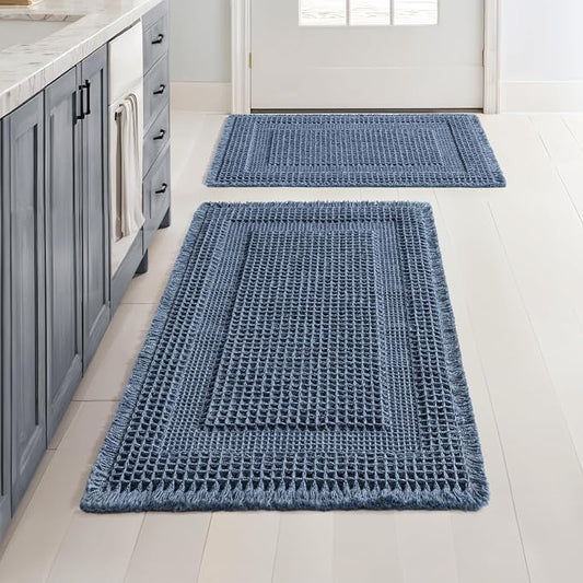 MIULEE Set of 2 Waffle Bathroom Rugs, Boho Bath Rug Super Absorbent, Non Slip Washable Ultra Soft Rubber Backed Shower Bath Mats for Floor, Tub, Shower, Looped Design, Blue, 17"x24"+18"x30"