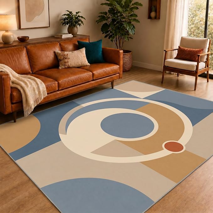 Mid Century Area Rug 4x6, Home Decor | Dusty Blue Camel Mod Orbit, Modern Abstract Circle Rug for Living Room, Bedroom, Home Office, Non Slip, Washable, Low Pile