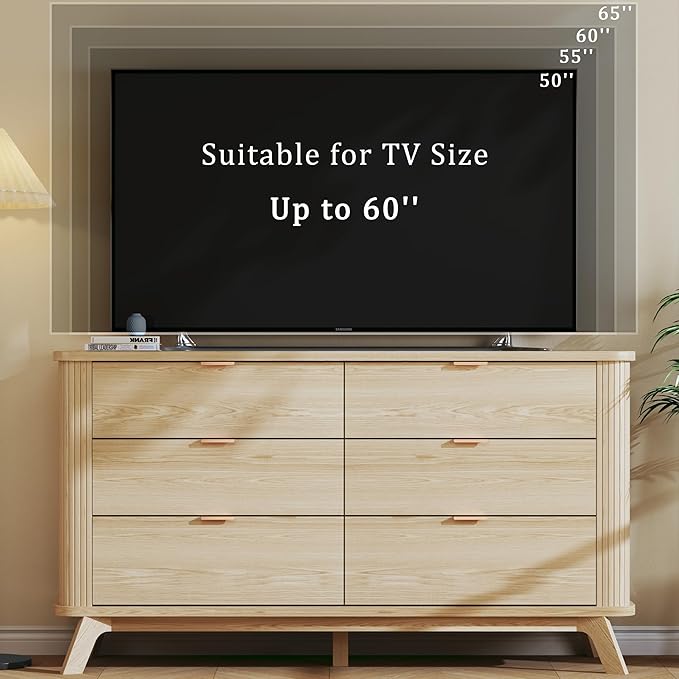 Fluted 6 Drawers Dresser for Bedroom, 55" Mid Century Modern Dresser & Chests of Drawers, Curved Profile Design, Dressers TV Stand, Wood Storage for Hallway, Entryway, Oak