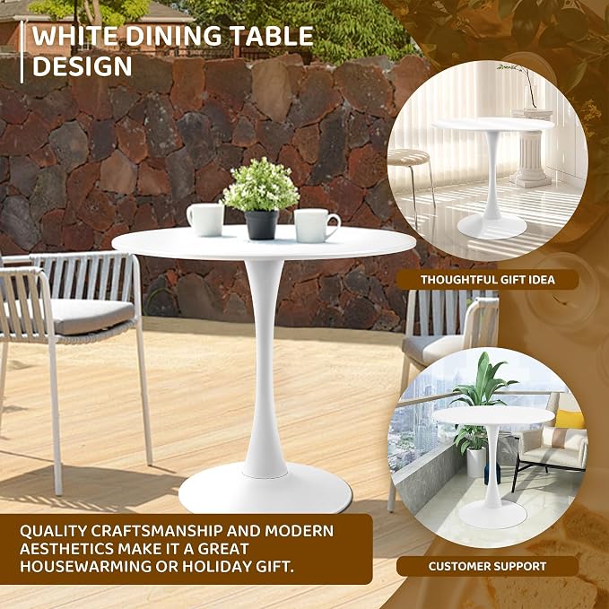 Round White Dining Table Modern Kitchen Table with Pedestal Base in Tulip Design, Mid-Century Leisure Table for 2 to 4 Person，for Kitchen, LivingRoom, Restaurant, Office, Cafe（31.49inches）