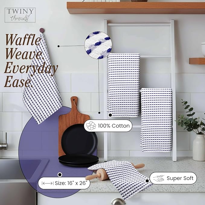 TWINY threads Waffle Kitchen Towels 4 Pack, 16x26 Inches Absorbent Waffle Weave Dish Cloth Set for Drying Dishes, Soft, Durable & Machine Washable Tea Towel, Quick Dry, Indigo Blue, White