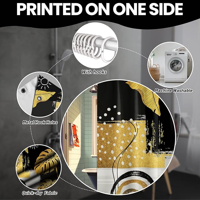 Extra Long Shower Curtain Extra Tall Black and Gold XL Abstract Dark Mens Shower Curtains for Large Bathroom Decor Sets, Waterproof Cloth Fabric with Hooks, 108x72 Inch