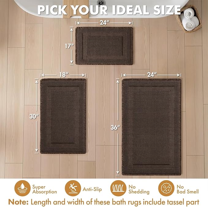 MIULEE Set of 2 Waffle Bathroom Rugs, Boho Bath Rug Super Absorbent, Non Slip Washable Ultra Soft Rubber Backed Shower Bath Mats for Floor, Tub, Shower, Looped Design, Chocolate, 17"x24"+18"x30"