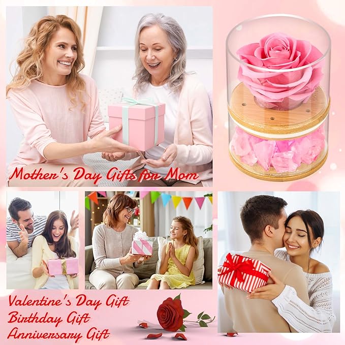 Women Gifts for Christmas Flower Gifts for Mom,Xmas Gift for Her,Preserved Pink Roses with Light,Forever Flowers Birthday Gifts for Women,Wife,Girlfriend Gifts Ideas on Birthday,Anniversary,Valentines