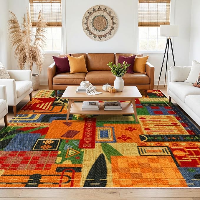 8x10 Abstract Tribal Patchwork Large Area Rug, Colorful Boho Tribal Geometric Rugs for Living Room, Non Slip Low Pile Washable Indoor Carpet Rug for Bedroom, Entryway, Dining Room, Home Office Decor