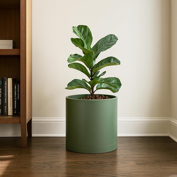D'vine Dev 10 Inch Plastic Planter Pots for Plant Pot with Drainage Hole and Seamless Saucers, Olive, 74-X-I-2