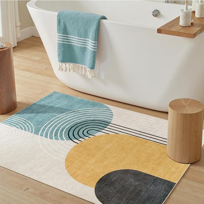 DCX 3x5 Area Rug, Machine Washable, Soft Mid Century Modern Rug Non Slip Stain Resistant for Entryway, Kitchen, Bedroom, Laundry, Bathroom, Blue & Yellow