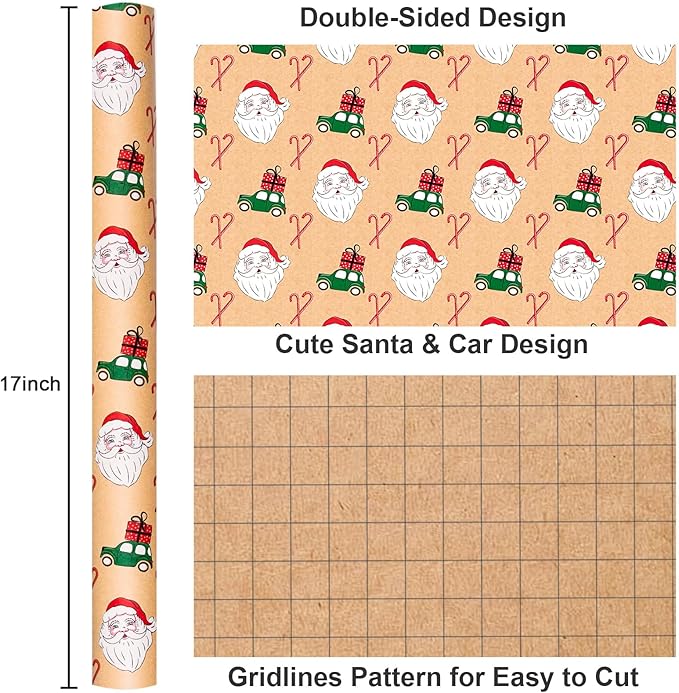 Yarcony Kraft Christmas Wrapping Paper Roll, Brown Vintage Santa Wrapping Paper, Funny Santa, Truck & Candy Cane Pattern Thick Christmas Gift Wrap for Holiday Gift Packaging (17 Inch X 33 Feet)