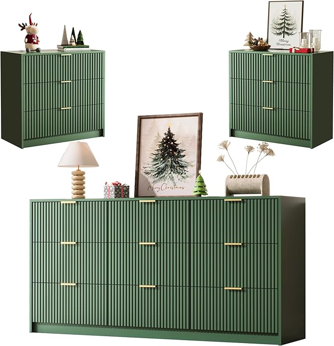 3-Piece Dresser Bedroom Set, 9 Drawer Dresser & 3 Drawer Nightstands with Gold Handles, Fluted Wood Chest of Drawers for Bedroom, Living Room, Entryway, Green