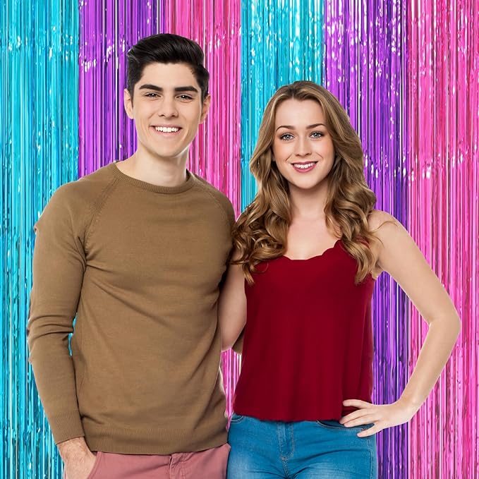 3 Pack 3.3 x 8.2 ft Blue Purple Pink Foil Fringe Backdrop Curtains, Tinsel Streamers Party Decorations, Fringe Backdrop, Door Shimmer for Mermaid or Birthday Party