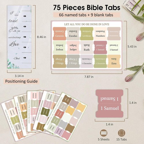 FINPAC Bible Index Tabs - 75 Laminated Tabs for Old & New Testament Study | Boho Theme, 66 Named & 9 Blank