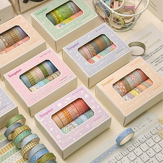 Songdao 20 Rolls Basic Washi Tape Set Japanese Arts Adhesive Tapes Simple Patterns Decorative Masking Tape Sets for Craft, Kids, Scrapbook, DIY, Gift Wrapping (Style Five)