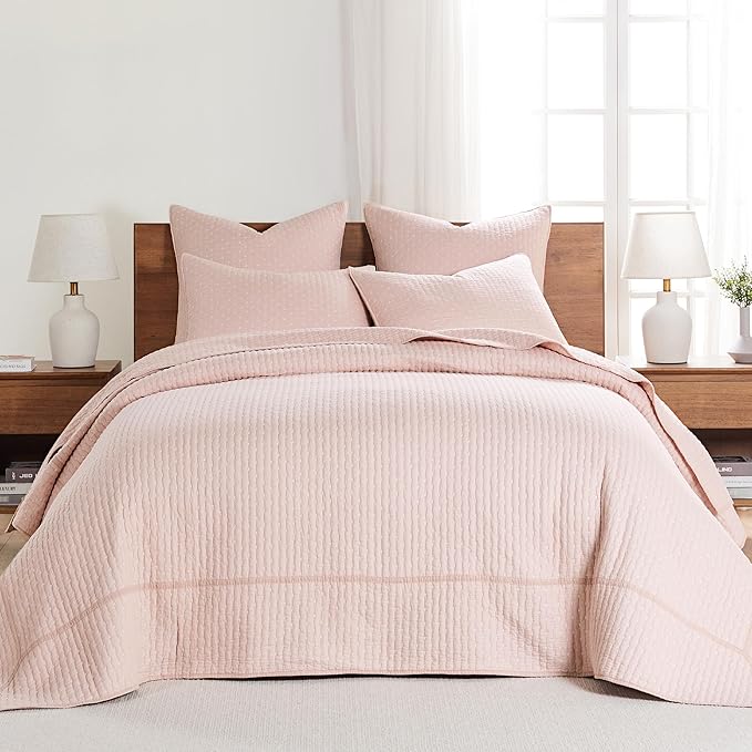 Levtex Home Cross Stitch Reversible King Bedspread Set (120x104in) with 2 Pillow Shams (36x20in) - Stitch Texture - Blush - Cotton King Size Bedspread Set - Soft, Pre-Washed