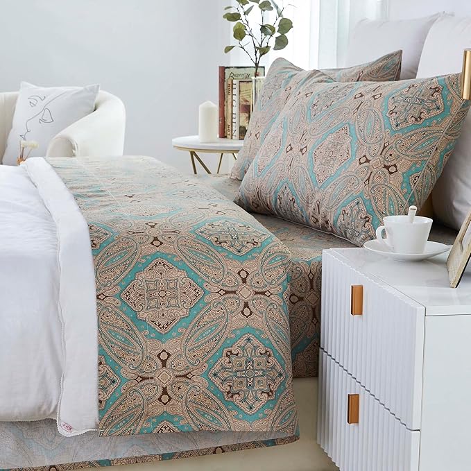 Brandream Paisley Bed Sheets Queen Size Boho Luxury Bedding Bohemian Damask Medallion Sheet Set 800TC Egyptian Cotton Sateen Deep Pocket, 4 Piece, Taupe