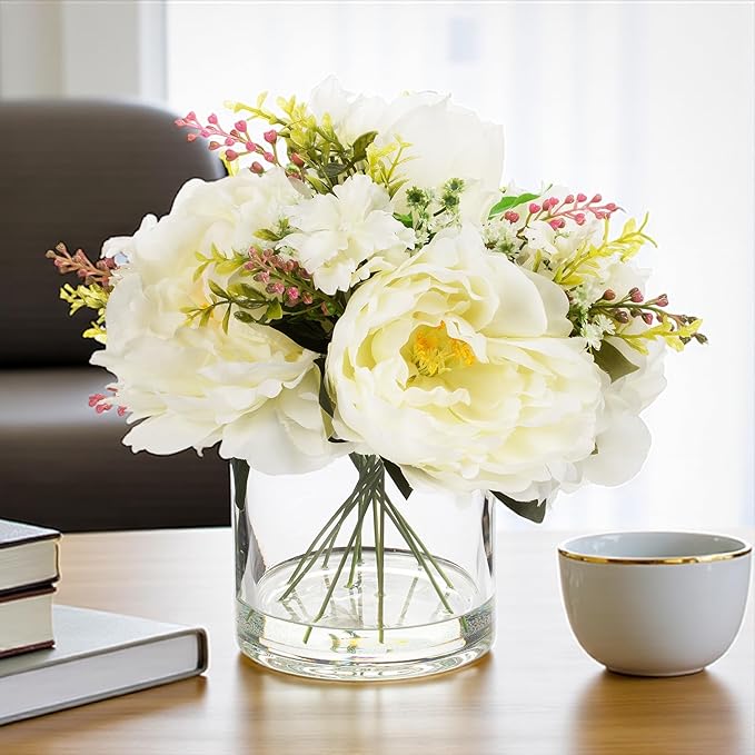 ENOVA FLORAL Artificial Silk Flower Arrangement with Vase,Mixed Artificial Silk Peony Flower in Vase for Decoration Home Office, Wedding Centerpiece (Cream)