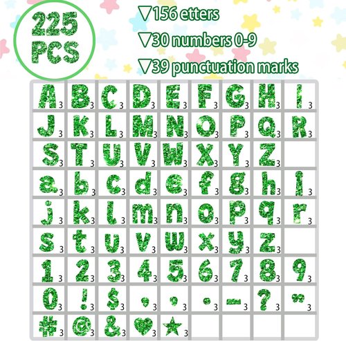 Glitter Bulletin Board Letters by [Brand Name] - 225 Pcs 4-Inch Alphabet & Punctuation Cutouts for Classroom Decor (Green)