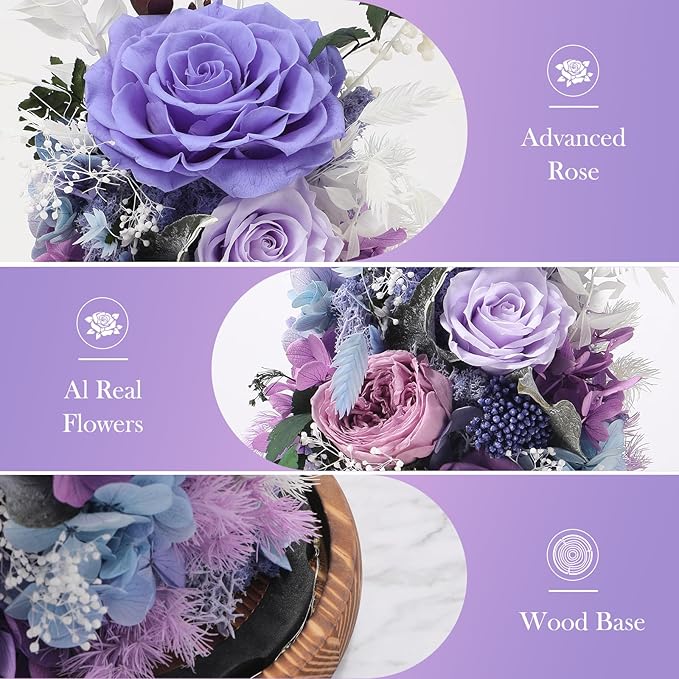 Eternal Rose Lilac Purple Flower Preserved Long Lasting Stable Color Natural Material Symbol of Everlasting Love for Wife Mothers Select Anniversary Rose Gift Birthday Present Christmas