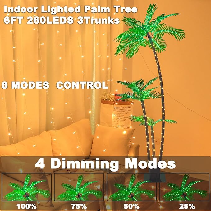 6FT Lighted Artificial Palm Tree with Three Trunks and Upgraded 260 LED Lights - Outdoor/Indoor Use, Perfect for Tiki Bars, Patios, Homes, Offices, Beaches, Yards Pool and Cruise Party