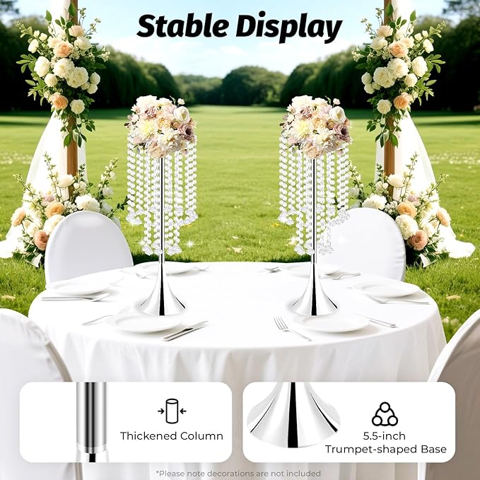 10 Pack Acrylic Crystal Flower Vases, Trumpet Shape Centerpiece with Hand-Strung Beads, Flower Stand Wedding Centerpieces on Floor for Wedding Aisle Decor, Event Centerpieces Decoration (Silver)