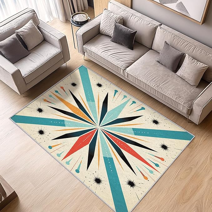 Mid Century Modern Rug 7x7, Washable Retro Sun Rugs for Living Room Bedroom, Atomic Geometric Area Rug for Home Decor, Non Slip Backing Floor Carpet with Gripper - 7 x 7 ft