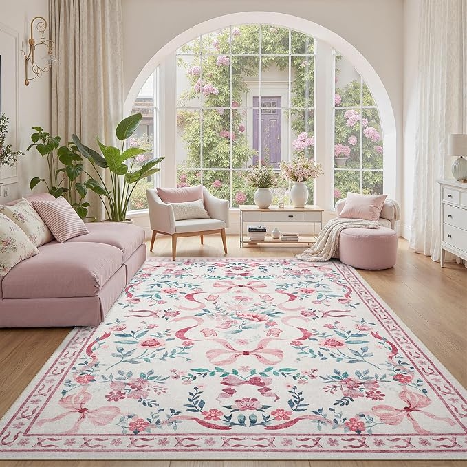 DCX Washable 5x7 Bow Rug, Pink Floral Rug for Girls’ Bedroom, Cute Soft Low Pile Indoor Décor Carpet, Kid & Pet Friendly Nursery Rug for Living Room, Dorm, Playroom