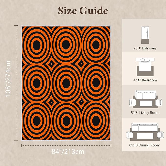 Retro Rings Area Rug 7x9, Optical Geometric Circle Rug, Bold Retro Pattern Carpet for Living Room Bedroom, Non Slip Soft Area Rug