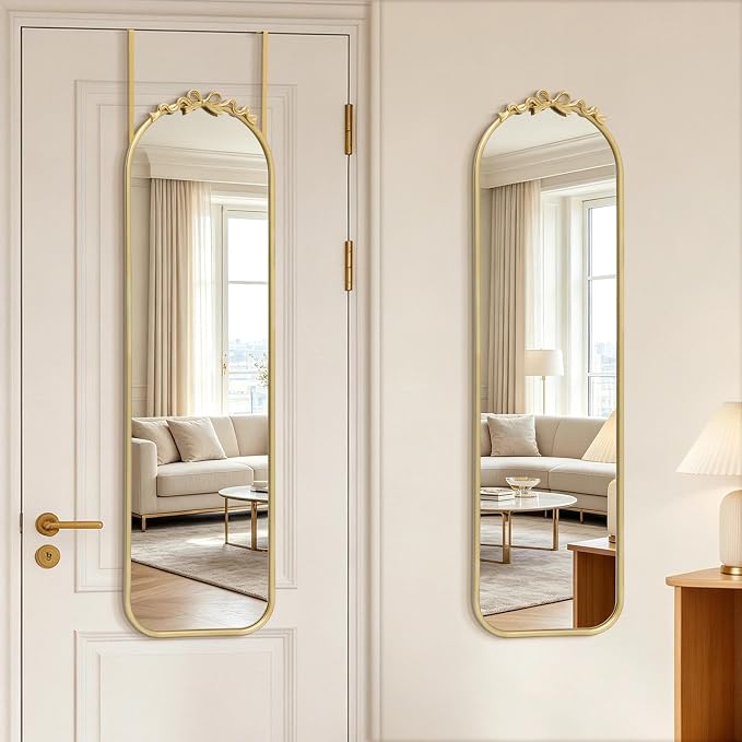 Besdomus Door Mirror Full Length: 14"x50" Gold Vintage Bow Over The Door Hanging Mirror - Antique Baroque Traditional Ornate Full Body for Girls Bedroom/Cloakroom/Living Room - Ideal for Teen Girl