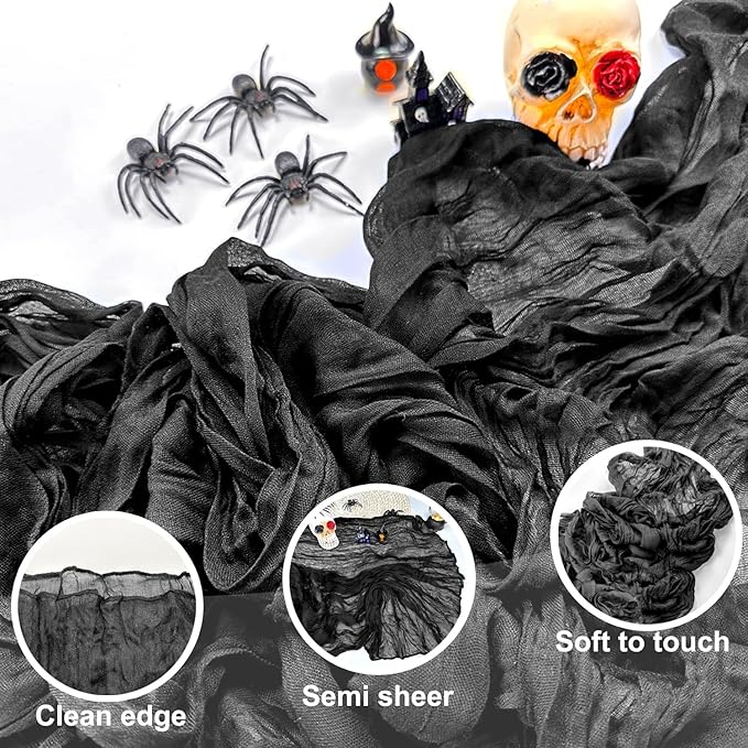 Booque Valley Black Table Runner 3 Pack Cheesecloth 10ft Super Soft Boho Wrinkled Gauze Sheer Cloth for Baby Shower Baptism Birthday Party Wedding Centerpiece Table Halloween Decoration, 35x120 Inch