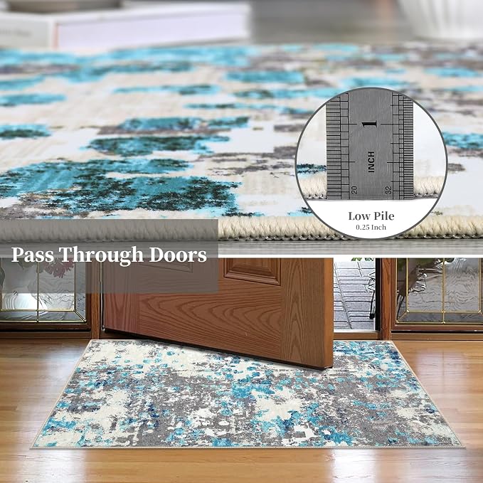 GAOMON Washable 2x6 Rugs Modern Abstract Colorful Carpet Runner Non Slip Hallway Rug Low Pile Boho Chic Watercolor Design Long Rug for Bedroom Kitchen, Blue/Grey