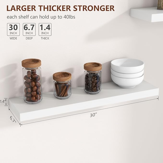 fuqing 30 Inch Floating Shelves for Wall, White Wood Floating Shelves Set of 2, 30'' Long Wooden Wall Shelves for Living Room Bedroom Bathroom Home Office - White
