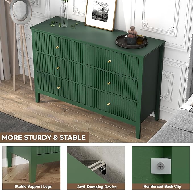 Green Dresser for Bedroom, 6 Drawers Fluted Chest of Drawers with Storage, Modern Wide Storage Dresser with Paint Design, Wood Drawer Organizer Green Dressers for Hallway, Entryway