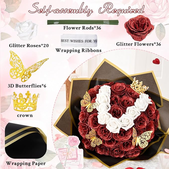 36+20 Glitter Roses Bouquet, DIY Fake Flowers Bouquet, Craft The Initials of Your Loves' Name with Artificial Rose Bouquet for Valentines, Anniversary, Wedding, Red & White