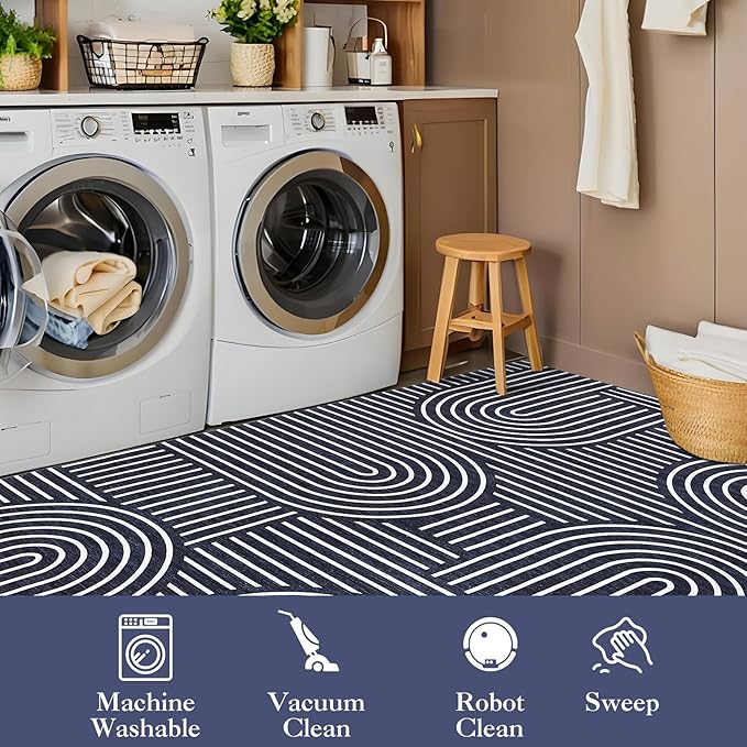 9x12 Area Rug Washable Modern Abstract Rugs for Living Room Non Shedding Soft Bedroom Boho Carpet Ultra-Thin Low Pile Living Room Floor Covers Abstract Lines Carpet for Playroom Kids Room, Blue