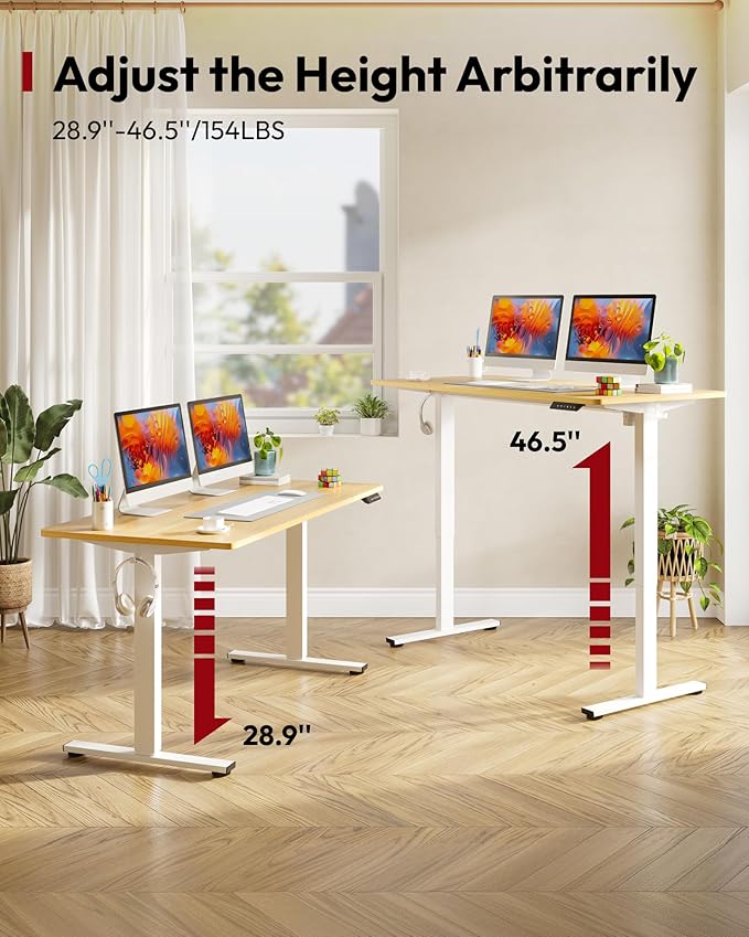SANODESK Electric Standing Desk 55 x 28 Inches Whole-Piece Desktop Height Adjustable Stand Up Desk w/6-Button Controller Ergonomic Computer Desk for Home Office, White Frame + Natural Tabletop