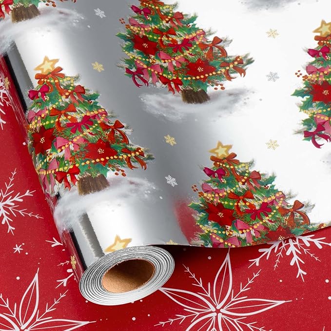 MAYPLUSS Christmas Wrapping Paper Roll - 17IN X 33FT - Silver Gift Wrapping Paper Featuring Christmas Tree Bow Reversible Snowflake for Kids, Holiday, New Year