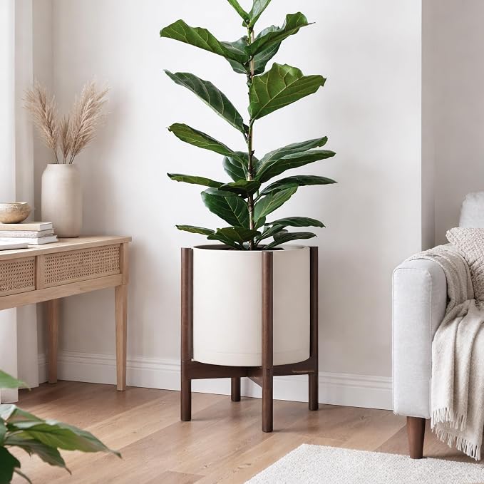 D'vine Dev Planter Pot with Stand - 12 Inch Plastic Cylinder Flower Pot with Wood Planter Holder for Indoor, Oatmeal Pot + Walnut Color Stand, 55-C-O-4