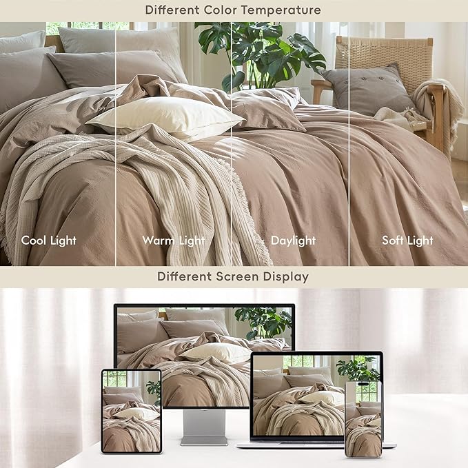 MooMee Bedding Duvet Cover Set 100% Washed Cotton Linen Like Textured Breathable Durable Soft Comfy (Solid Brown, Oversized Queen 98"x98")