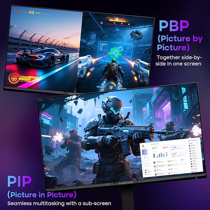 Amzfast 27’‘ 4K Gaming Monitor HDR 400, UHD 160Hz 144Hz | FHD 320Hz 300Hz Dual Mode PC Monitor, Built-in Speakers 1ms Fast IPS, 126% sRGB PIP/PBP, HDMI 2.1 x 2 & DP 1.4 x 2, Height Adjustment, VESA