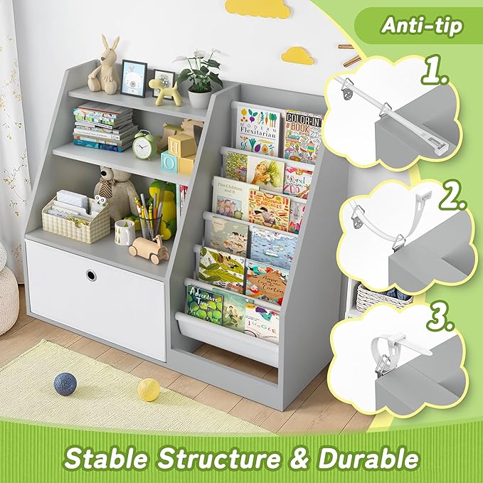 TOETOL Kids Bookshelf,Book Storage Organizer,6 Sling Toddler Wooden Book Shelf,3-Tier Kids Bookcase for Bedroom,Livingroom,Playroom,Nursery-Grey