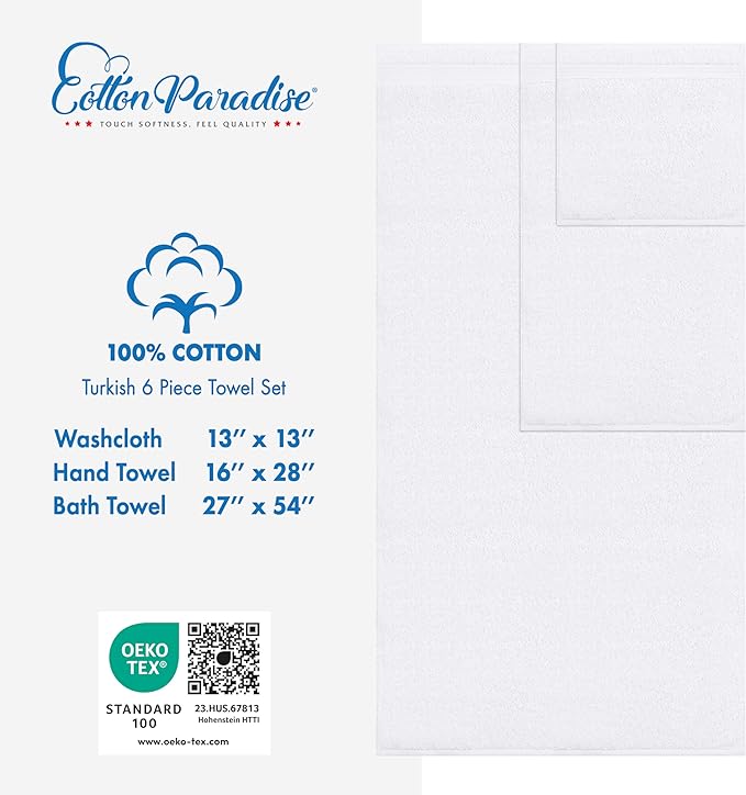 Cotton Paradise 100% Cotton Turkish Towel Set, Soft Absorbent Quick Dry, 6 Piece Towel Set, Snow White