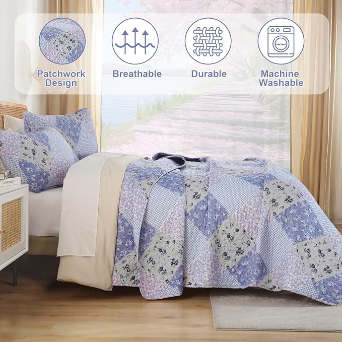 Dinjoy Floral Plaid Patchwork Quilt Set King Size, Reversible Lavender Bedding Set Soft Microfiber Lightweight Bedspread Coverlet 3 Piece Fall Autumn Summer Use (110x90 inches)