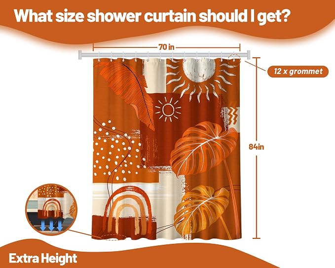 Burnt Orange Mid Century Modern Shower Curtain Bohemian Abstract Leaf Shower Curtains for Bathroom Decor Sets, Waterproof Cloth Fabric with Hooks, 72x84 Inch