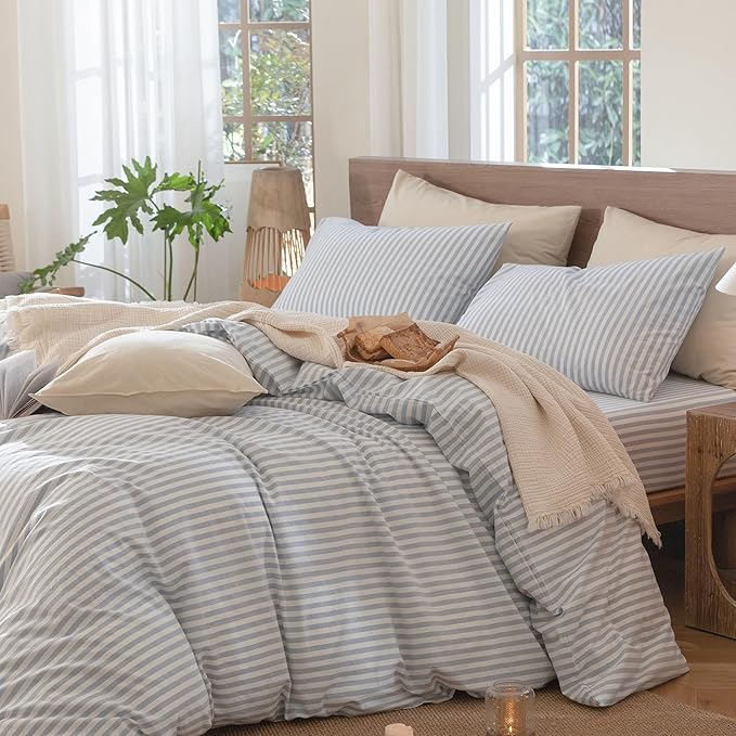 MooMee Striped Duvet Cover Set 100% Washed Cotton Linen Like Textured Breathable Durable Soft Comfy (Cornflower Blue White Classic Stripes, Oversized King Plus 128"x120")