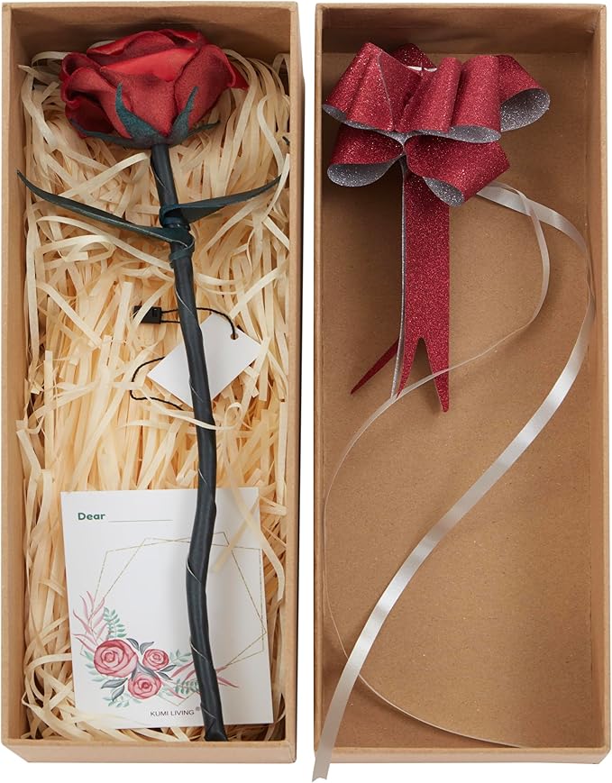 Handcrafted Genuine Leather Rose with Stem, Red, Gift Box Presentation, Lifelike Artisan Flower for 3rd Wedding Anniversary, Mother's Day (Red)