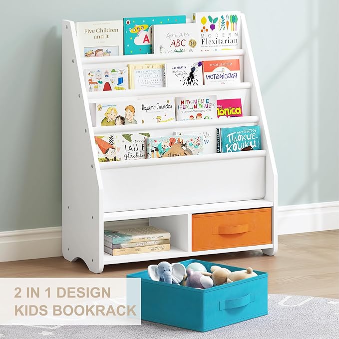 UTEX Kids Bookshelf with Storage Bins, Book Shelf for Kids Rooms, 4-Tier Toddler Sling Bookshelf for Nursery, Living Room, Bedroom, White
