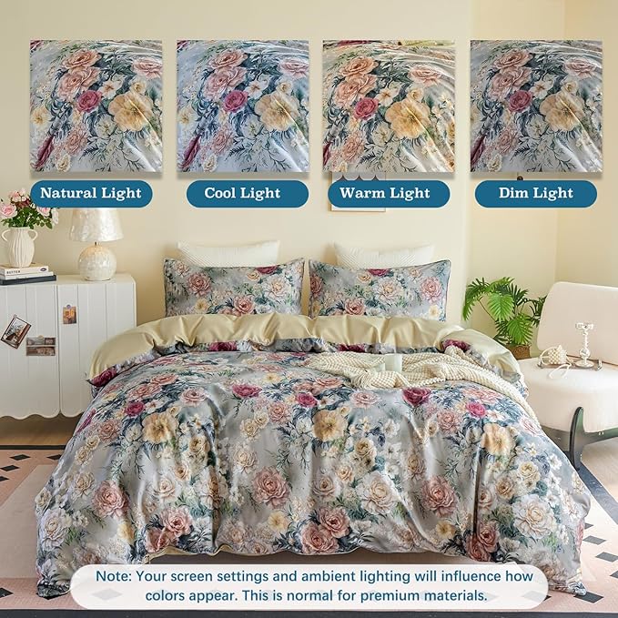 Blue Floral Duvet Cover Set 100% Percale Cotton Queen Size Shabby Vintage Chic Penoy Patterned Comforter Covers with Zipper，Soft & Breathable French Country Bedding 3Pcs-Not Comforter
