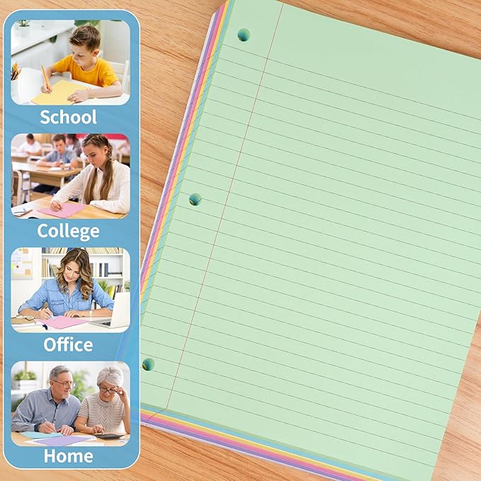 6 Color Loose Leaf Paper College Ruled, 120 Sheets 8" X 10.5" Colored Notebook Paper, 3-Hole Punched 70 Gsm Lined Paper For 3-Ring Binders, Loose Leaf Office Paper