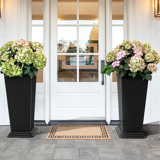 Set of 4 24" Tall Plastic Planters with Trays, Large Tapered Plant Pots for Indoor Outdoor Use, Modern Decorative Planters for Porch, Patio, Garden, and Backyard