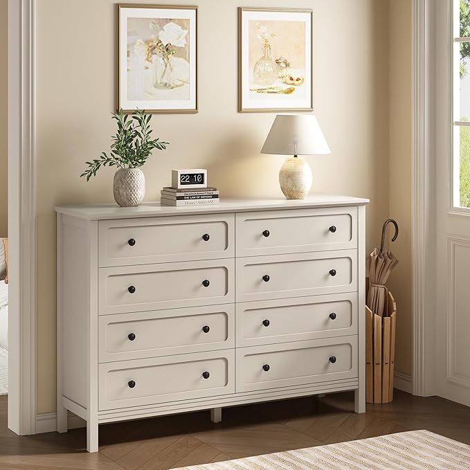 CARPETNAL Beige Dresser for Bedroom, 55" Wide 8 Drawer Dresser with Metal Handles and Deep Drawers, Modern Large Wood Chest of Drawers for Living Room, Hallway.